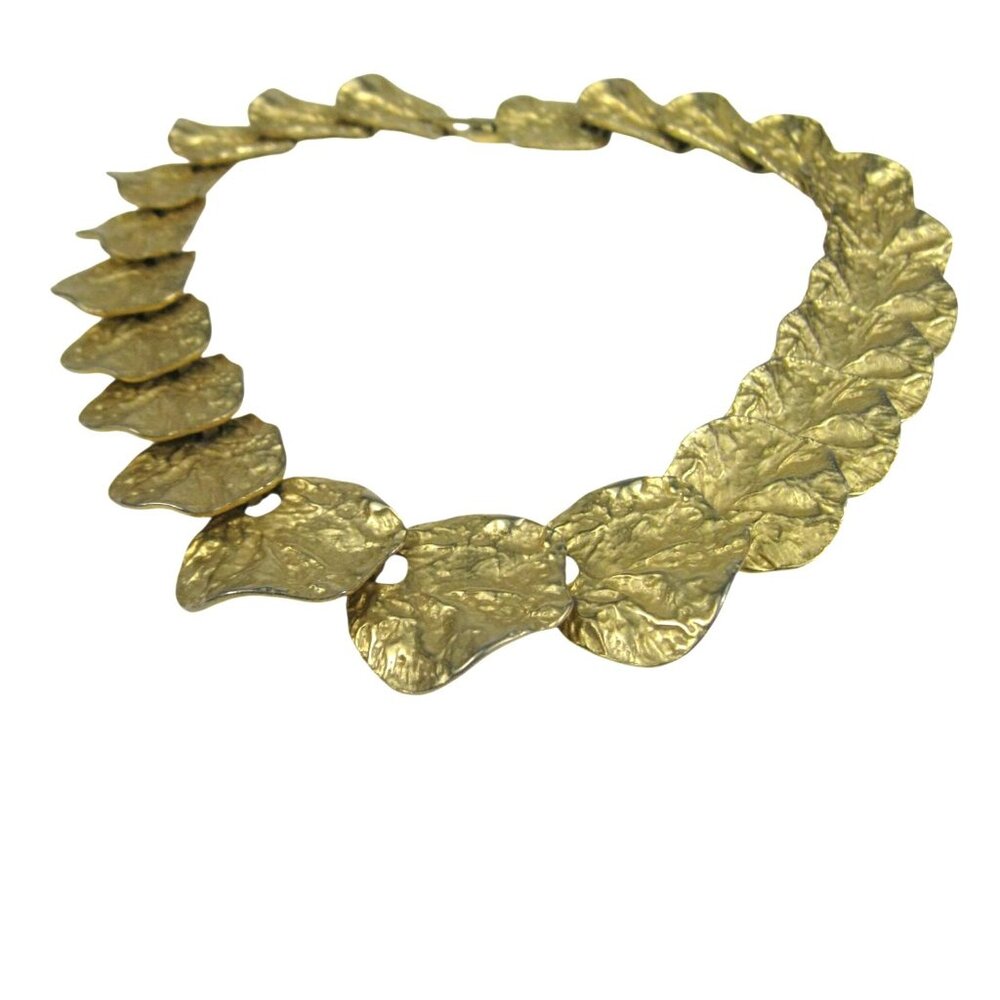 Vintage Gold Tone Ginkgo Leaf Collar Necklace Metal Design 16in Statement Runway